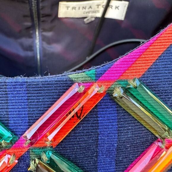 Trina Turk Navy Red Geometric‎ Short Sleeves Beaded Shift Dress Size 10 - Picture 4 of 7